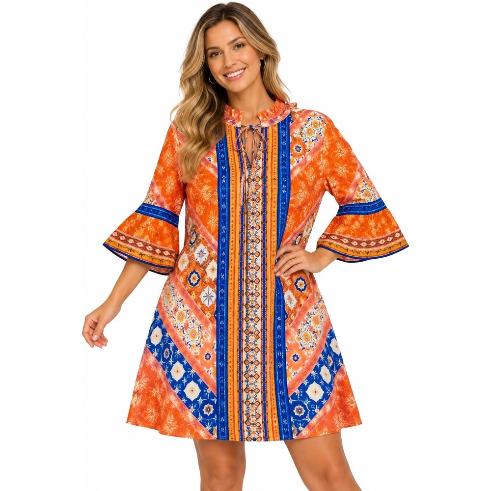 New UMGEE Dress Womens Geometric Print Tie Neck Bell Sleeve Size Medium